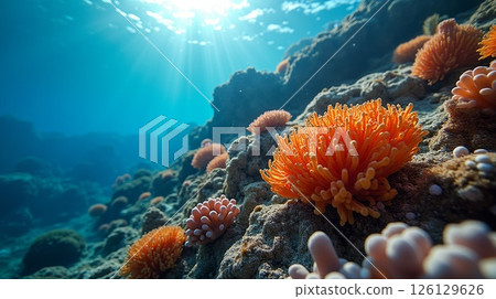 Underwater coral reef with vibrant orange and pink anemones illuminated by sunlight. Marine ecosystem and ocean wildlife concept 126129626