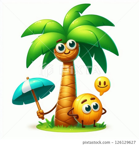 Cartoon smiling palm tree holding beach umbrella with happy coconut character and speech bubble isolated on white 126129627