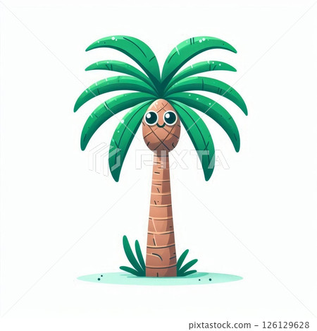 Cartoon smiling palm tree with big eyes and green leaves growing on grass isolated on white background 126129628