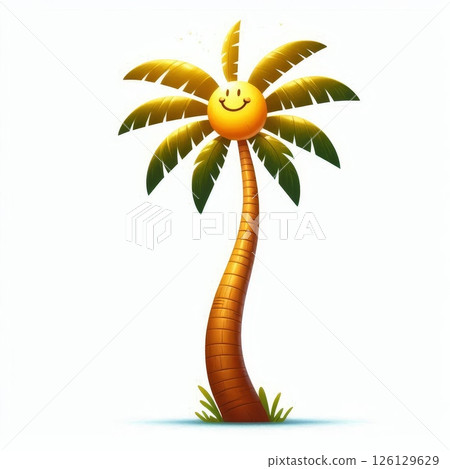 Cartoon palm tree with curved trunk and smiling sun face as coconut isolated on white background 126129629