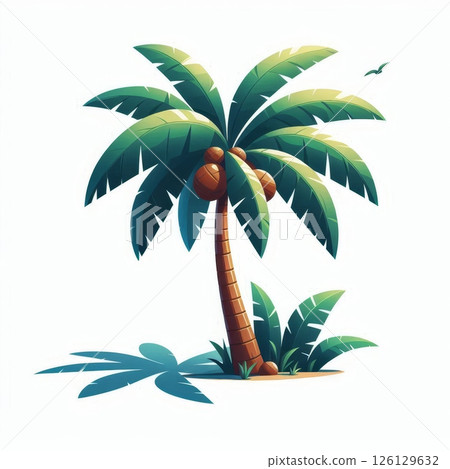 Coconut palm tree with green leaves and shadow on ground isolated on white background 126129632