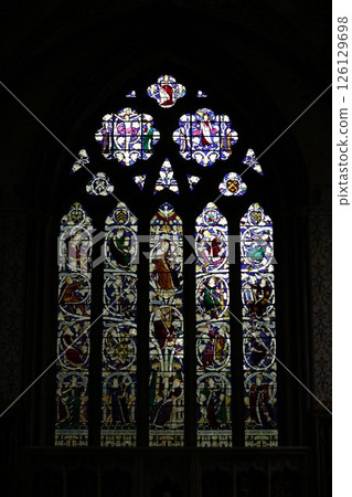 Stained glass in Llandaff Cathedral, Cardiff, Wales Stained glass in Llandaff Cathedral, Cardiff, Wales 126129698
