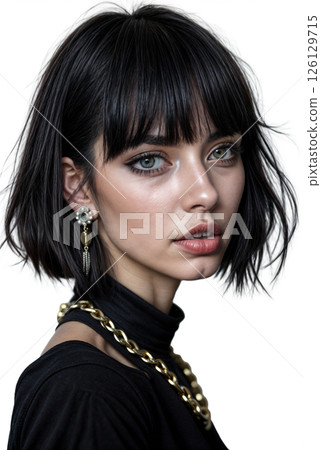 Portrait of a girl with a big thick chain on her neck Portrait of a girl with a big thick chain on her neck 126129715