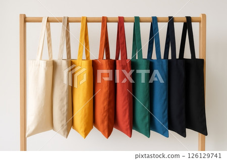 Colorful canvas tote bags hanging on wooden rack against white background in minimalistic studio composition 126129741