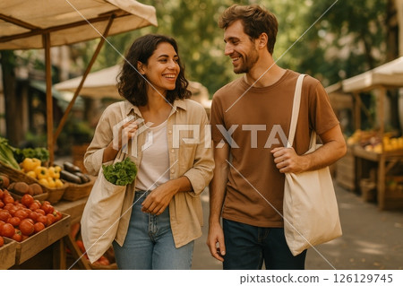 Smiling couple walking with canvas tote bags at farmers market with fresh vegetables on sunny day Smiling couple walking with canvas tote bags at farmers market with fresh vegetables on sunny day 126129745