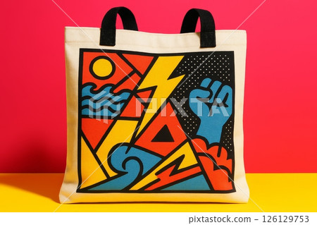 Canvas tote bag with abstract power fist, lightning, wave and sun graphic, isolated on vibrant background, studio shot 126129753