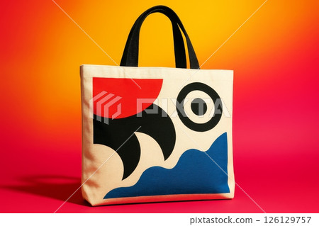 Canvas tote bag with modern abstract graphic design standing on red yellow gradient background 126129757