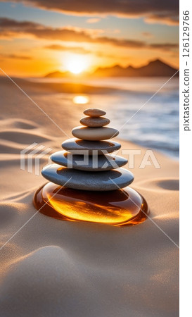 Stacked zen stones on golden glass pebble in soft sand with sunset over ocean and silhouette of mountains in peaceful nature scene Stacked zen stones on golden glass pebble in soft sand with sunset over ocean and silhouette of mountains in peaceful nature scene 126129766