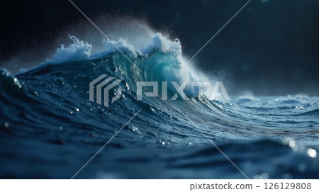 Powerful ocean wave crashing with splashing water, deep blue sea in motion, dynamic marine landscape with foam and spray 126129808