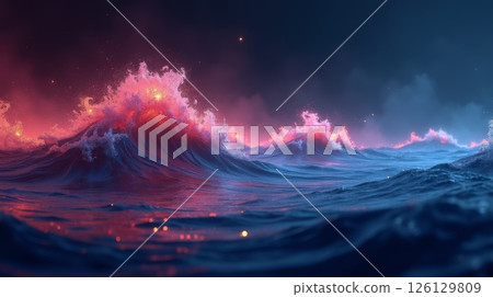 Surreal ocean waves with glowing red and blue colors at night, illuminated by mysterious lights, fantasy seascape digital artwork 126129809