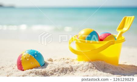 Yellow plastic bucket with shovel and colorful beach balls on sand near ocean waves. Summer vacation and kids beach toys concept Yellow plastic bucket with shovel and colorful beach balls on sand near ocean waves. Summer vacation and kids beach toys concept 126129829