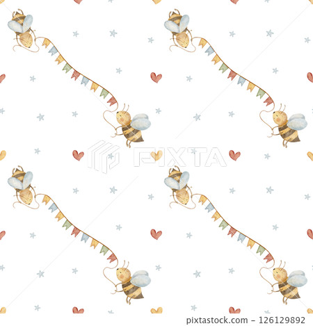 Pattern honey bees holding a festive garland, stars. Watercolor illustration hand drawn in cartoon style. Seamless print on background children textile design, fabric, packaging wallpaper kids clothes 126129892