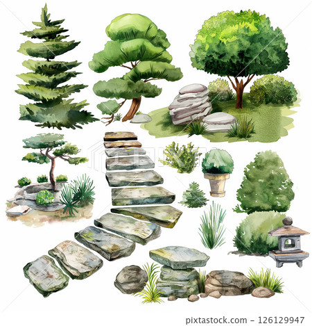 Leaves, botanical watercolor illustrations Generative AI Leaves, botanical watercolor illustrations Generative AI 126129947