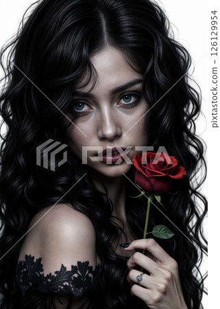 Portrait of a girl with a rose in her hand Portrait of a girl with a rose in her hand 126129954