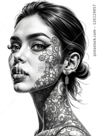 Portrait of a girl with a tattoo on her neck Portrait of a girl with a tattoo on her neck 126129957
