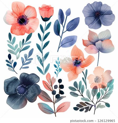 Generative AI for watercolor illustrations of flowers, leaves and plants Generative AI for watercolor illustrations of flowers, leaves and plants 126129965