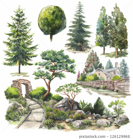 Leaves, botanical watercolor illustrations Generative AI 126129968