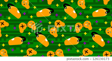 Video game controller, joystick and virtual reality glasses seamless pattern on pixel style green grass with small flower background graphic design. Flat style vector illustration 126130173