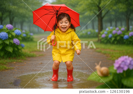 雨季期間，一個女孩在公園的水坑裡快樂地跳躍 126130196