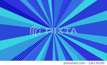 Blue pop sunburst background with polka dots. Pop and bright concentrated line background, promotional template. Blue pop sunburst background with polka dots. Pop and bright concentrated line background, promotional template. 126130280