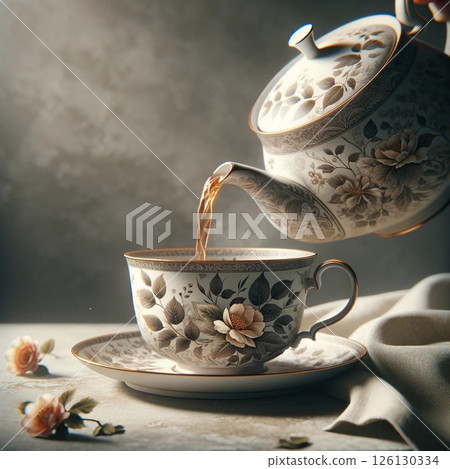 優雅的花茶杯和茶壺將茶倒在柔和燈光下的復古風格桌子上 126130334