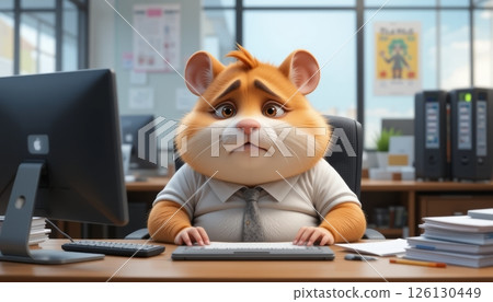 Disheartened Cartoon Hamster Overwhelmed by Office Work 126130449