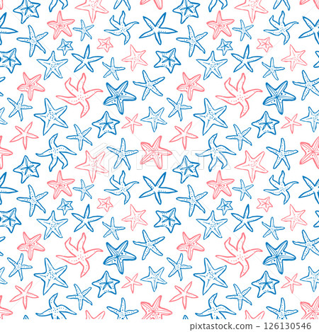 Vector seamless hand drawn outline pattern with red and blue starfish 126130546