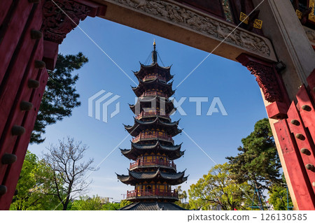 Longhua temple pagoda view from entrance gate, Shanghai, China Longhua temple pagoda view from entrance gate, Shanghai, China 126130585