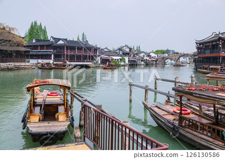 wooden boat at port by Fangsheng Bridge in Zhujiajiao, Shanghai 126130586