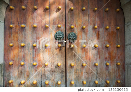 Chinese door with dragon doorknob lock, Jingan temple, Shanghai 126130613