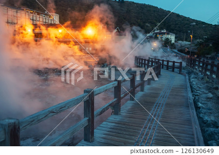 Walkway by mount Unzen Hell valley Jigoku with sulfur at night 126130649