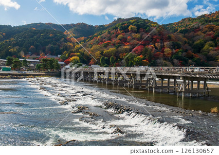 Togetsukyo bridge with autumn foliage colors, Arashiyama, Kyoto 126130657