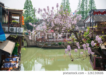 Restaurants along canal at Zhujiajiao water town in spring 126130686
