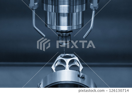 The 5-axis CNC milling machine  cutting the aerospace part with solid ball end mill tool in the light blue scene. 126130714