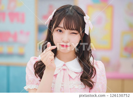 偶像風格肖像，帶有可愛的眨眼和心形姿勢（AI 生成的圖像） 126130752