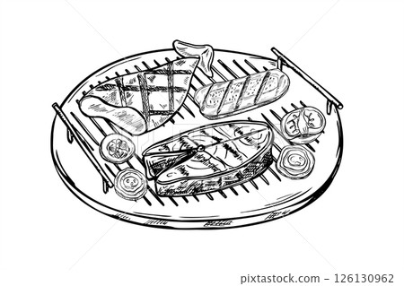 Grilled seafood and vegetables on round grill grid line art black ink sketch. Monochrome fish, squid, onion, tomato, zucchini on wire rack. BBQ vector illustration culinary blogs, restaurant menus Grilled seafood and vegetables on round grill grid line art black ink sketch. Monochrome fish, squid, onion, tomato, zucchini on wire rack. BBQ vector illustration culinary blogs, restaurant menus 126130962
