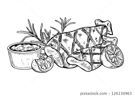 Grilled squid with sauce bowl, lemon slices and rosemary sprigs monochrome vector illustration. BBQ seafood with herbs for healthy restaurant menus, gourmet cookbooks, family holiday decor. Grilled squid with sauce bowl, lemon slices and rosemary sprigs monochrome vector illustration. BBQ seafood with herbs for healthy restaurant menus, gourmet cookbooks, family holiday decor. 126130963