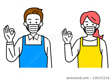 Set of men and women in aprons wearing masks and making OK signs Set of men and women in aprons wearing masks and making OK signs 126131218