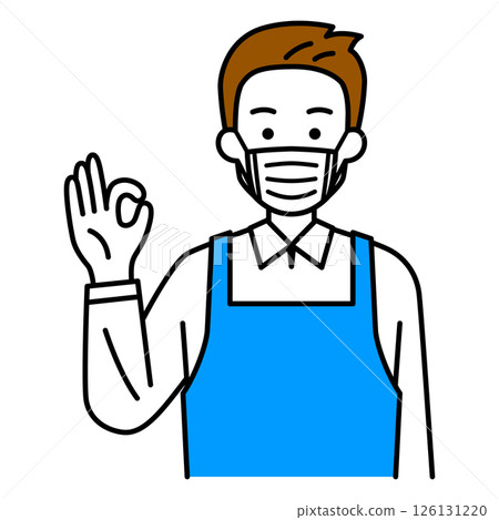 A man wearing a mask and an apron making an OK sign 126131220