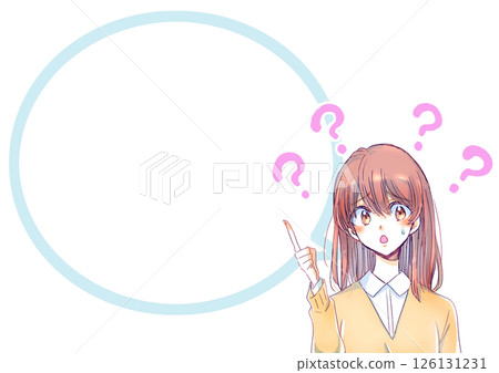Woman with doubts, sweat, pointing, speech bubble 126131231