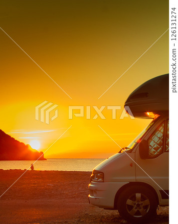Camper car on nature at sunrise. Travel Camper car on nature at sunrise. Travel 126131274