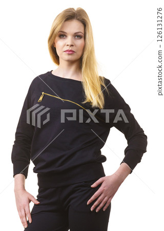 Woman wearing black top Woman wearing black top 126131276
