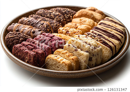 Variety of bakes and cookies in ceramic plate on a white background. Variety of bakes and cookies in ceramic plate on a white background. 126131347