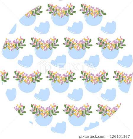 Cracked eggshell with colorful floral bouquet inside Seamless Pattern on Circle Transparent Backdrop 126131357