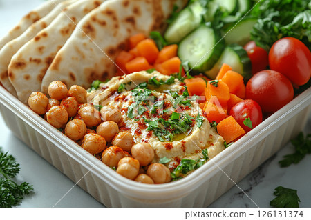 Plant based lunch box with hummus, roasted chickpeas, fresh veggie sticks and whole wheat pita bread on. 126131374