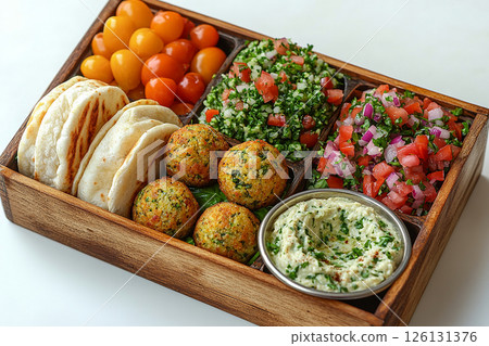 Falafel wrap, tabbouleh salad and hummus dip in a wooden lunch box. Middle Eastern lunch box. 126131376