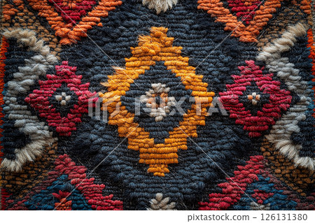Handwoven rug texture with geometric print on a white background. Top view. 126131380