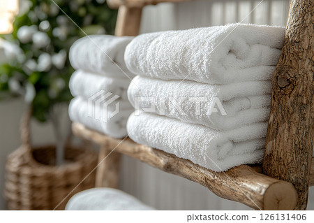Freshly washed white towels on a Boho style wooden floor hanger. Freshly washed white towels on a Boho style wooden floor hanger. 126131406