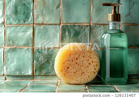 Top view of sponge next to a light detergent bottles on a background of ceramic tiles in green colors. 126131407