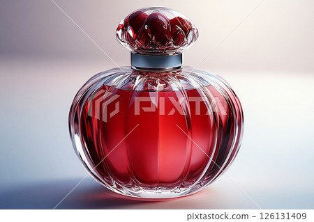 Perfume bottle with glossy on its glass surface, conveying elegance and sophistication. Ideal for high-end perfume advertisements. 126131409